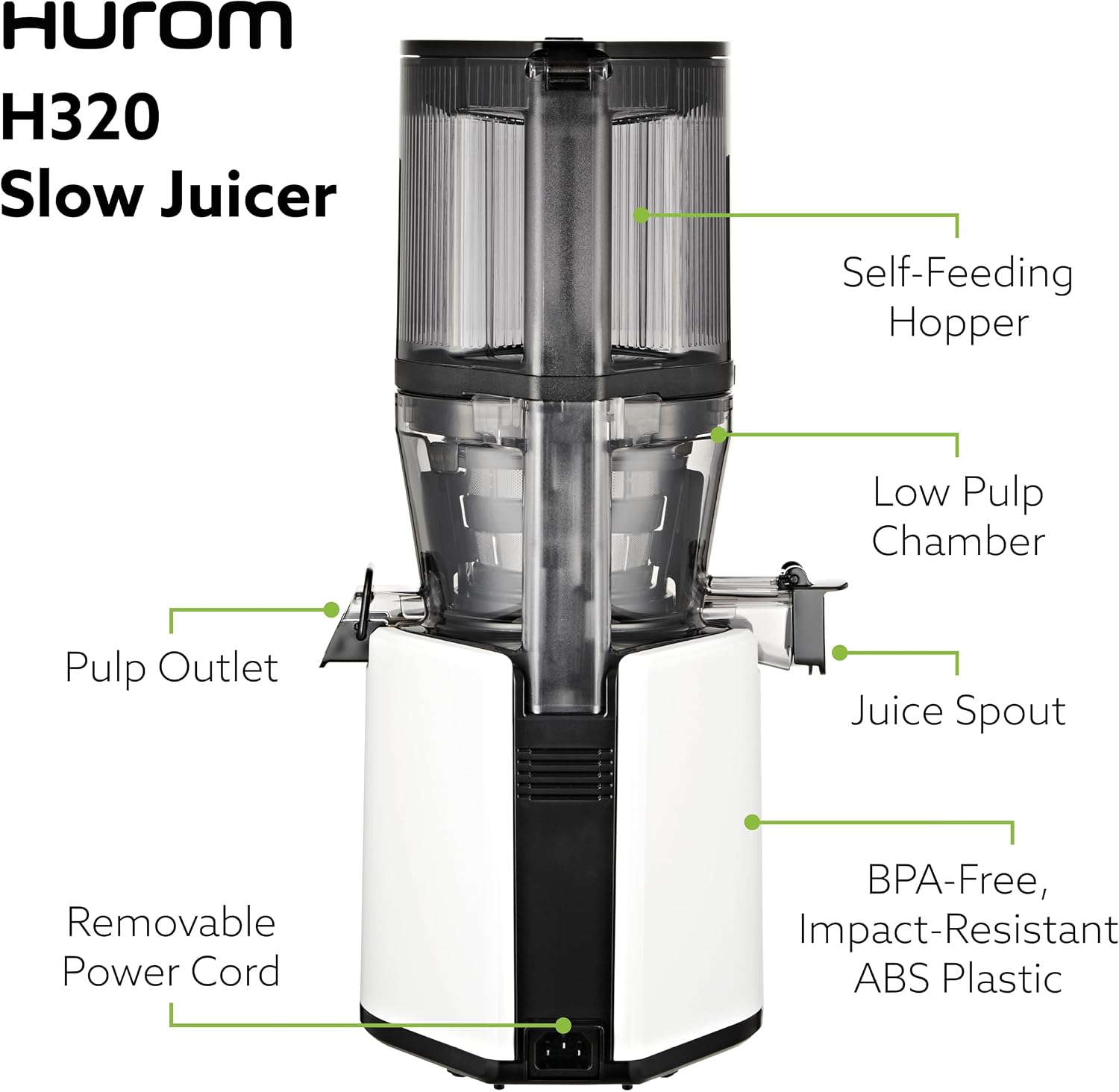 Hurom H320N Cold Press Juicer Machine, Easy to Clean Masticating Slow Juicer, Coarse Strainers, Self-Feeding, Hands Free, Family Size, Quiet Motor, Easy Assembly (White)