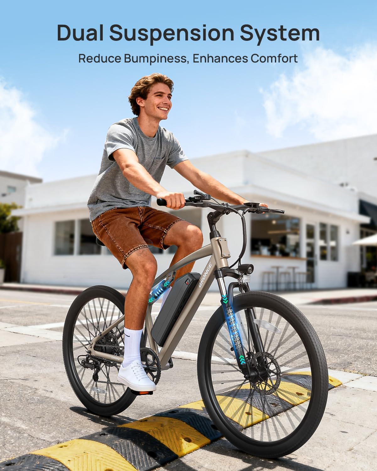 QRONGE Electric Bike for Adults, Full Suspension Ebike, 1000W Peak Motor 486Wh Battery, 28MPH(PAS Mode) Mountain Electric Bicycles, 7 Speed, 26'' Tire, Up to 70 Miles, Zephyr