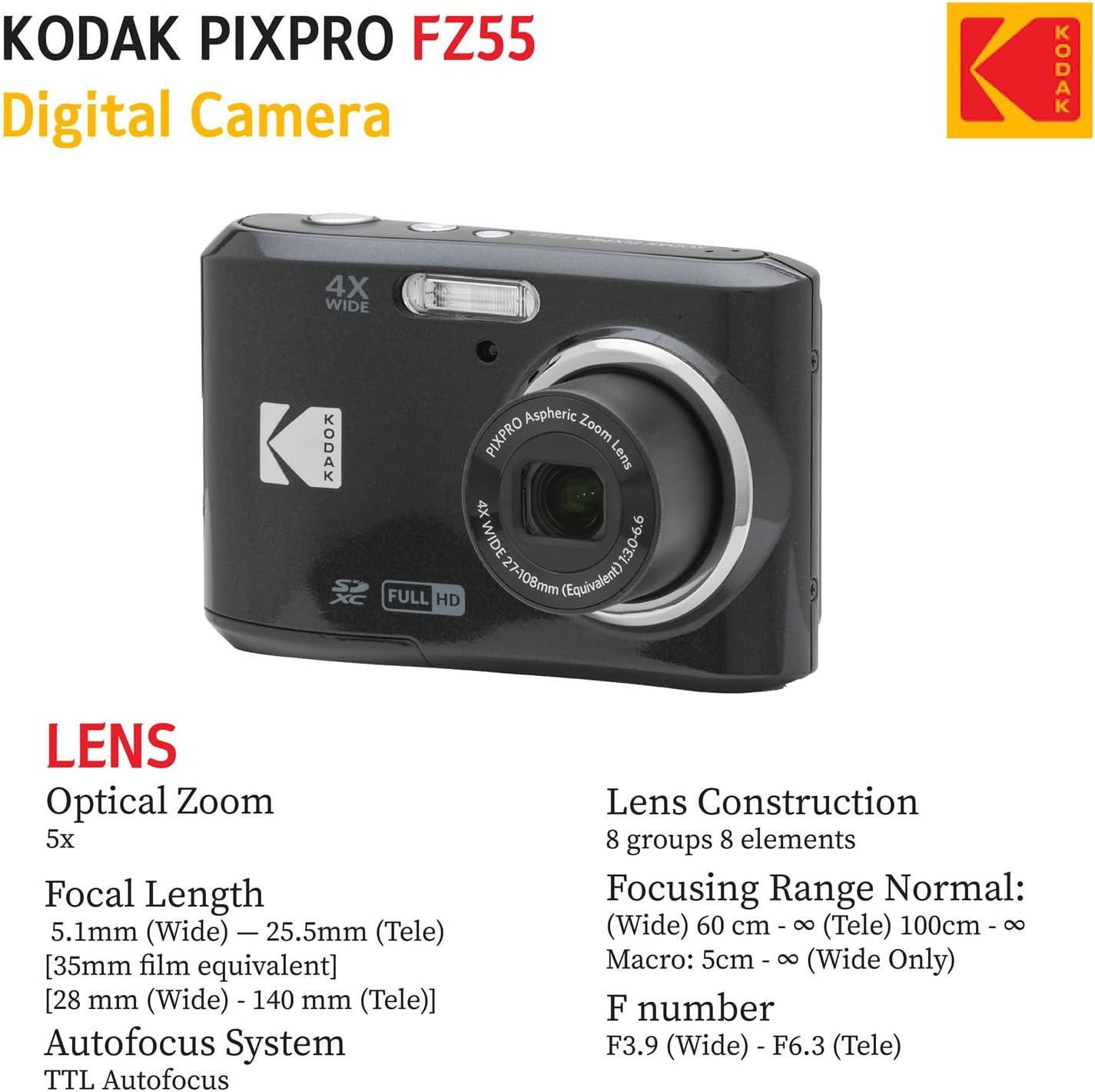 KODAK PIXPRO FZ55 16MP Digital Point & Shoot Camera, 5X Optical Zoom, 28mm Wide Angle, 1080P Full HD Video, Bundle with 32GB SD Card, Protective Case, and Hi-Speed Card Reader (Black)