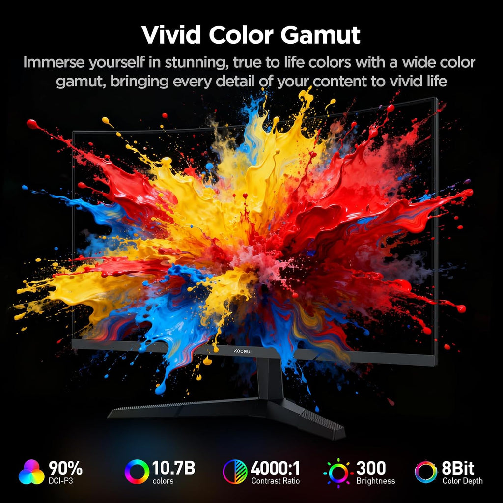 KOORUI 27 Inch Curved Gaming Monitor QHD (2560 x 1440) 180Hz, 1ms 1500R Display, Adaptive Sync, 90% DCI-P3, HDMI 2.0 & DisplayPort 1.4, VESA, Tilt, Eye Care, 27E6QCA