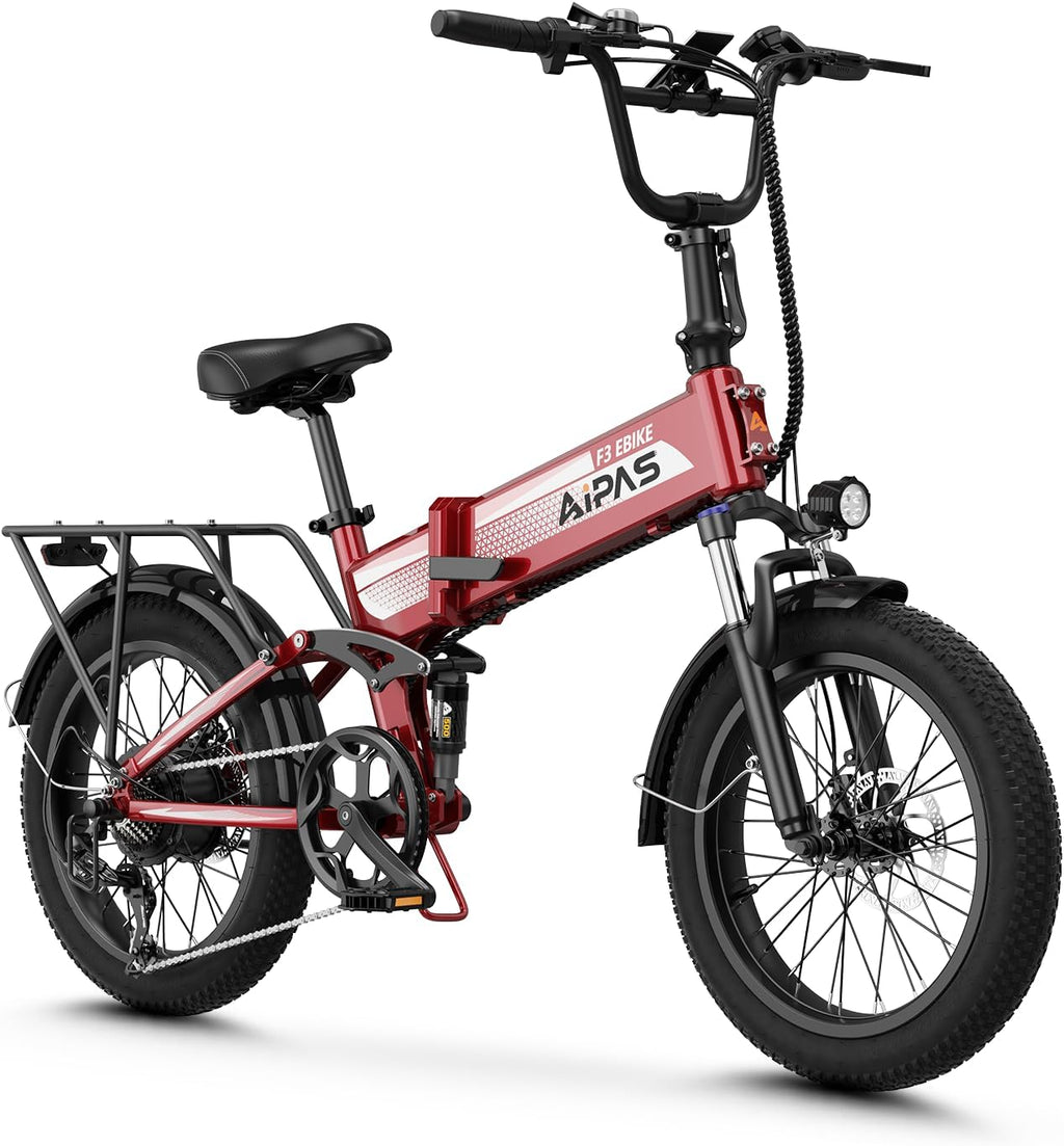 Aipas F3 Electric Bike for Adults with 1500W Motor Peak, 48V 12.8Ah Removable Battery Max 62 Miles 28MPH,20' x 3.0 Fat Tire Folding Electric Bike with 7-Speed and Full Suspension.