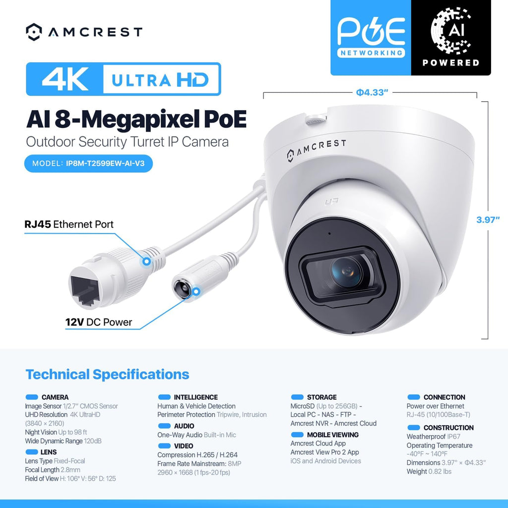 2-Pack Amcrest UltraHD 4K (8MP) Outdoor Security IP Turret PoE Camera, 3840x2160, 98ft NightVision, 125° FOV, IP67, MicroSD Recording (256GB), White (2PACK-IP8M-T2599EW-AI-V3)