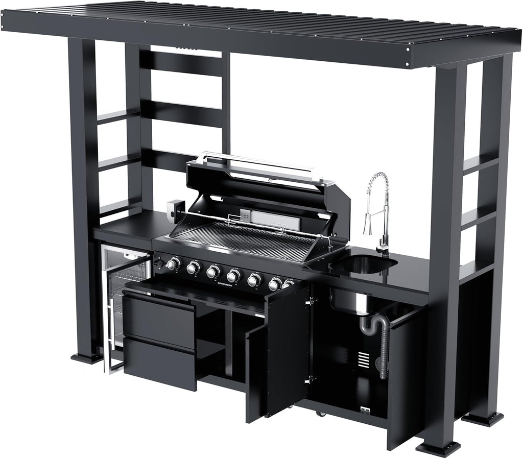 108-Inch 6-Burner 85000 BTU Propane Gas Grill Island with Shed, 304 Stainless Steel Black, 684 Sq.In Cooking Area, Wine Cooler, Rotisserie & Granite Countertops for Backyard BBQ, Black