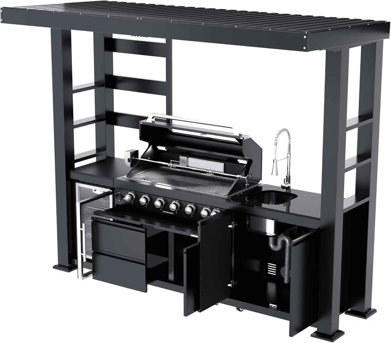 108-Inch 6-Burner 85000 BTU Propane Gas Grill Island with Shed, 304 Stainless Steel Black, 684 Sq.In Cooking Area, Wine Cooler, Rotisserie & Granite Countertops for Backyard BBQ, Black
