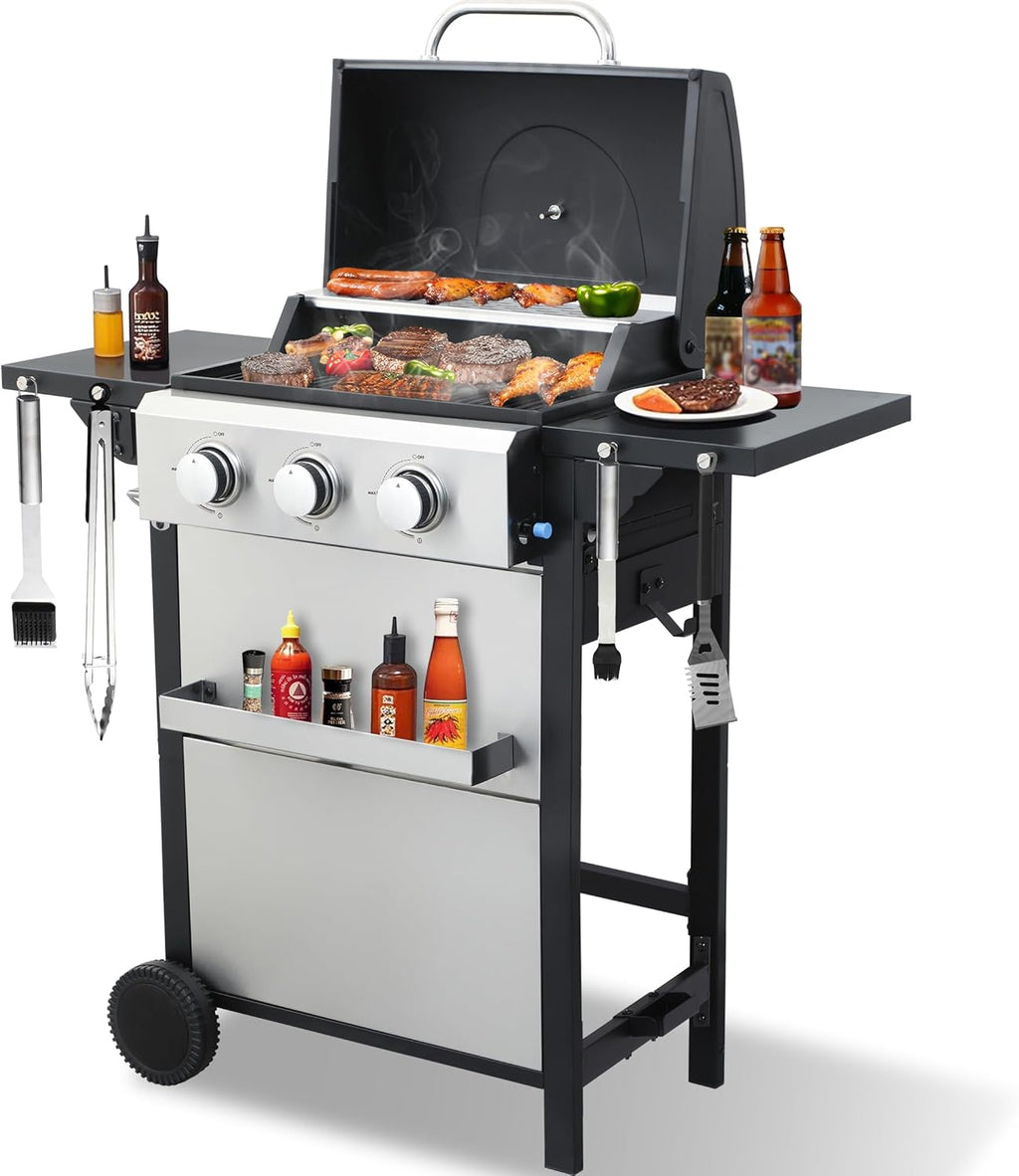 3-Burner Propane Gas Grill with 2 Foldable Side Tables, 25,650 BTU Outdoor BBQ Grill with Porcelain-Enameled Flame Tamers, Built-in Thermometer, Easy Assembly for Patio, Backyard BBQ