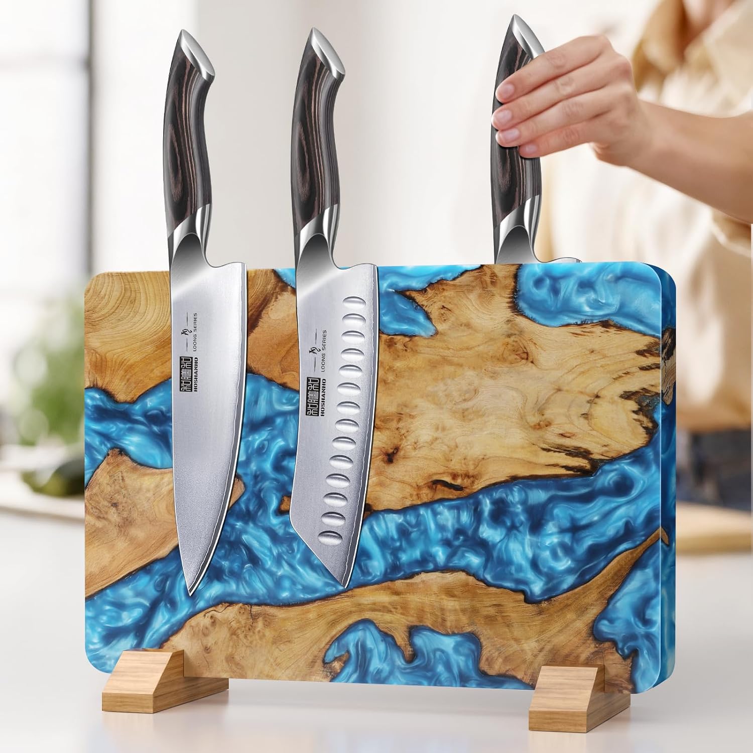 HOSHANHO Resin Magnetic Knife Block, Double Sided Magnetic Knife Holder and Kitchen Knife Organizer Storage, Thickened Acacia Wood Universal Knife Block for Chefs