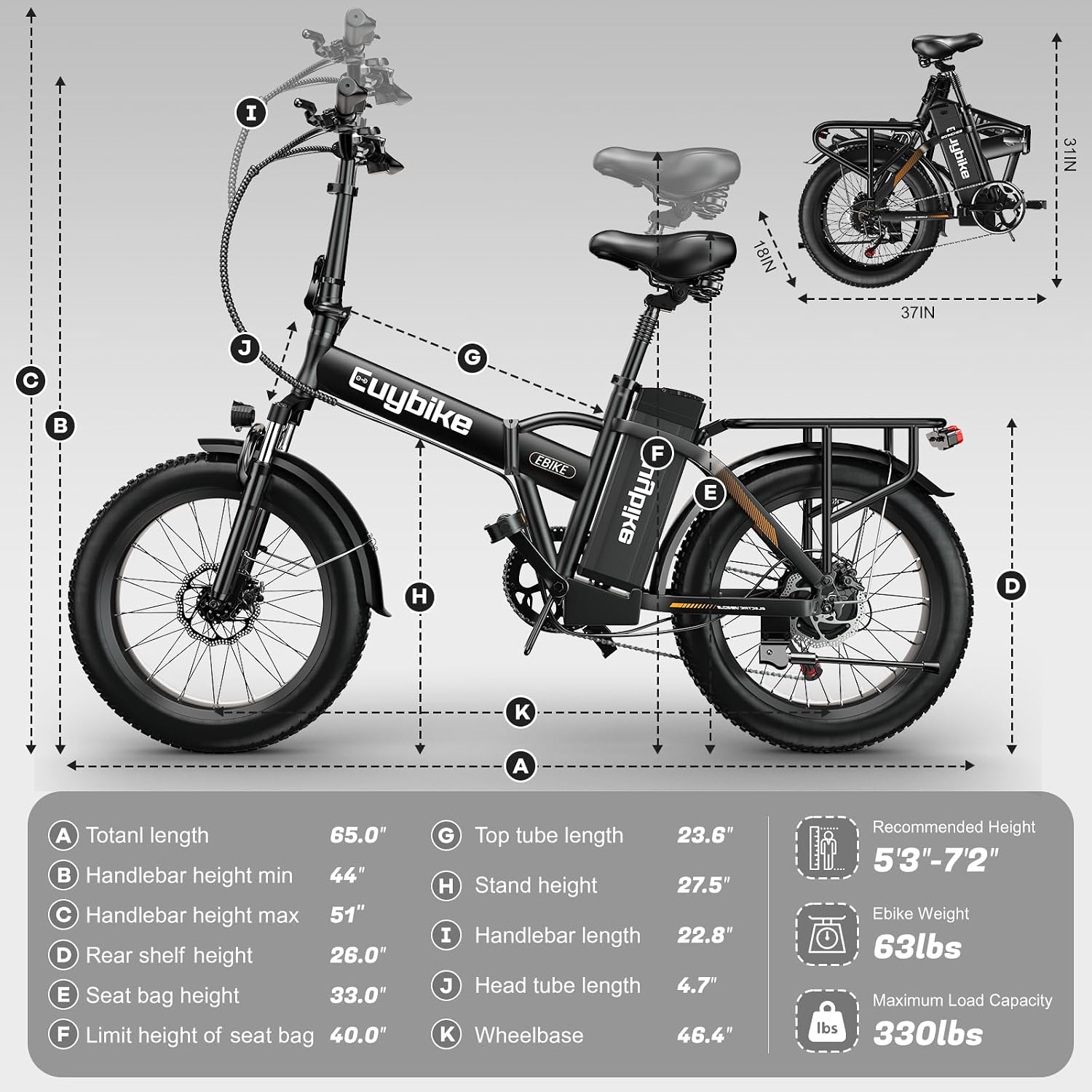 Foldable Electric Bike for Adults, 48V 20Ah Removable Lithium Battery up to 80Miles, 20' Fat Tire 1000W Peak Motor Dirt Ebike Adult Electric Bicycle for Commute Beach Mountain E Bike