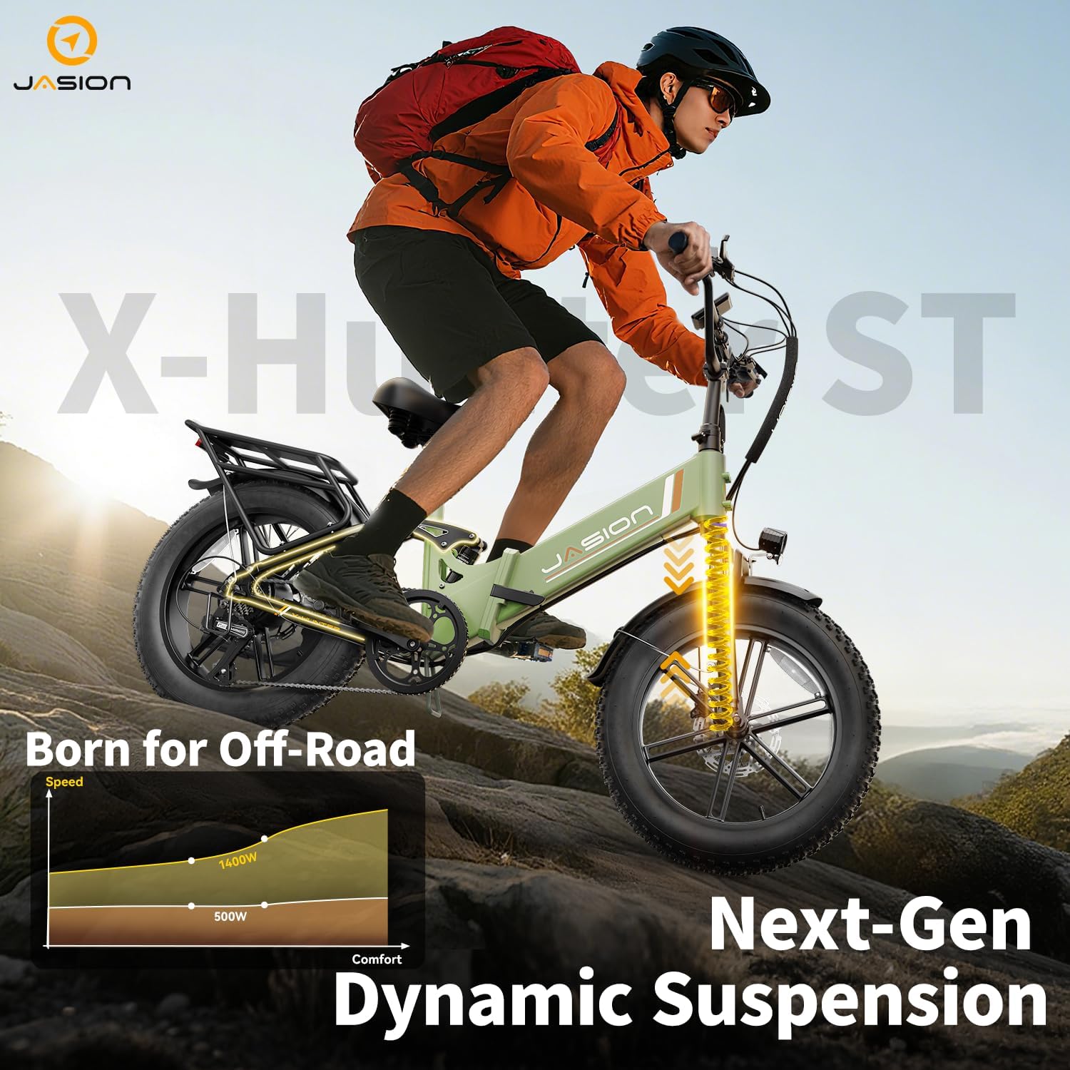 Jasion X-Hunter ST Foldable Electric Bike, 20' Fat Tire, 71Miles & 30+MPH Ebike, 1400W Peak Motor, 624WH Removable Battery, Full Suspension E-Bike for Adult, Step-Thru & Hydraulic Disc Brakes Bicycles