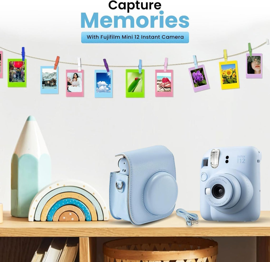 FUJIFILM INSTAX Mini 12 Holiday Bundle 2025 | with Extra Instax Mini Film + 4 Pk AA Batteries & Sunshine Photo Microfiber Cleaning Cloth (10 Items) (20 Sheets, Pastel Blue)