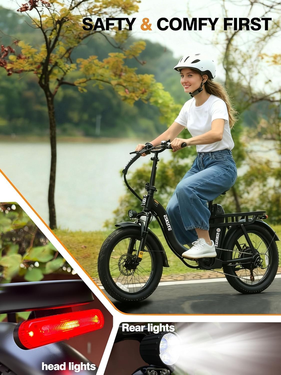 ESKUTE Electric Bike for Adults – 1200W Peak Motor, Folding 20x3 Fat Tire E‑Bike, 48V 10.4Ah Battery, Step‑Through Cargo Fold Ebike, NFC Unlock, 28 MPH, 7‑Speed, Up to 55 Miles
