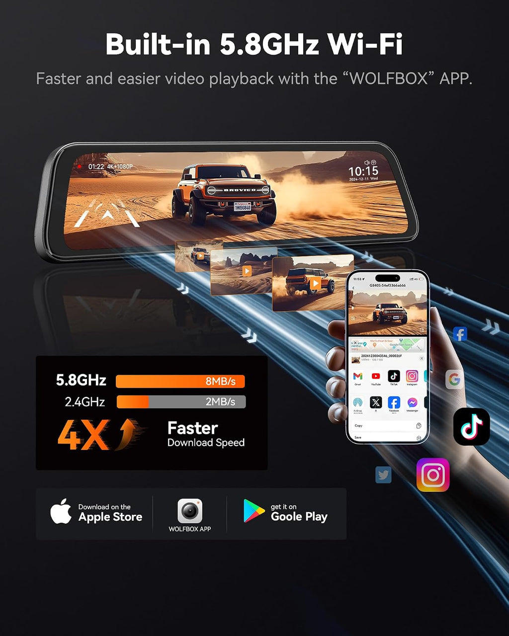 WOLFBOX G840S 12' 4K Mirror Dash Cam Backup Camera, 5.8GHz WiFi Smart Rearview Mirror for Cars & Trucks, Front and Rear View Dual Cameras, Night Vision, Parking Assistance, Included 32GB Card & GPS