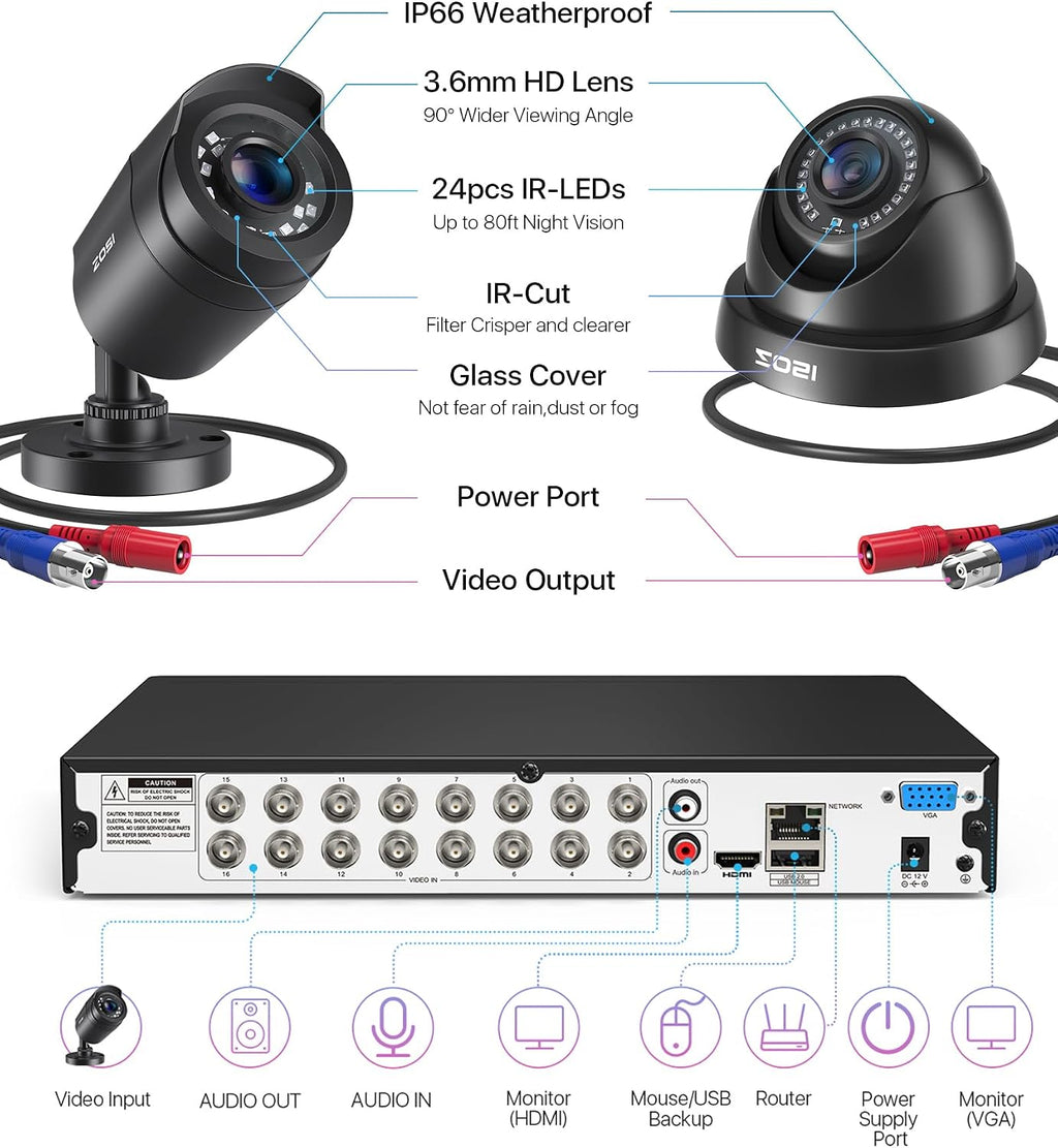 ZOSI 3K Lite 16CH Security Camera System with AI Human Vehicle Detection, Night Vision, 16 x 1080p Outdoor Indoor CCTV Wired Cameras, 16 Channel H.265+ Surveillance DVR with 2TB HDD for 24/7 Recording