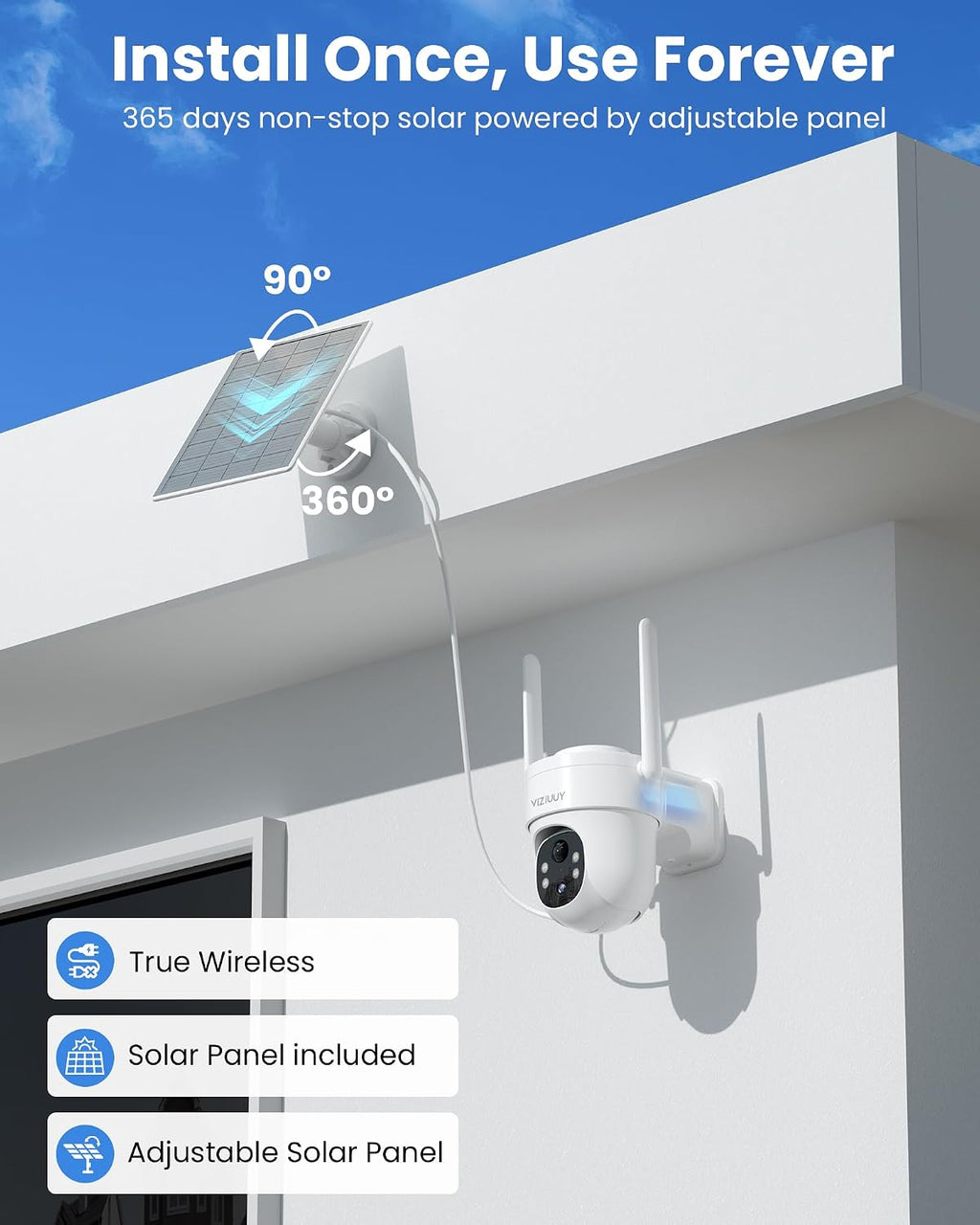 VIZIUUY Solar Security Cameras Wireless Outdoor 4 Pack, 3MP Security Cameras Wireless Outdoor, Pan Tilt 360°WiFi Camera with Color Night Vision/PIR Sensor/2-Way Audio/Alexa