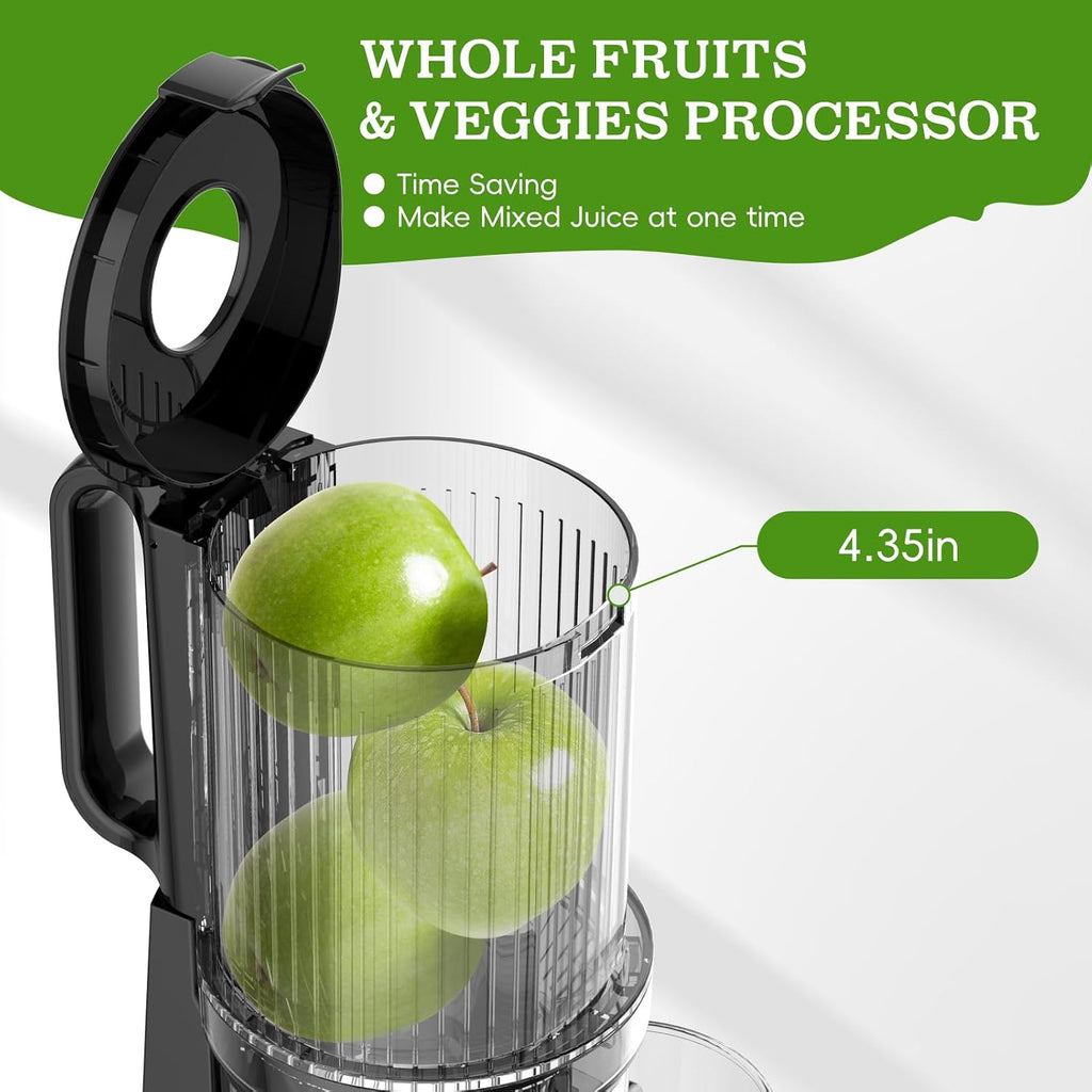 Cold Press Juicer, Juicer Machines with 4.35'' Wide Feed Chute, Stainless Steel Masticating Juicers Easy to Clean, Ergonomic Operational Panel Design, High Juice Yield, Golden Color Knob