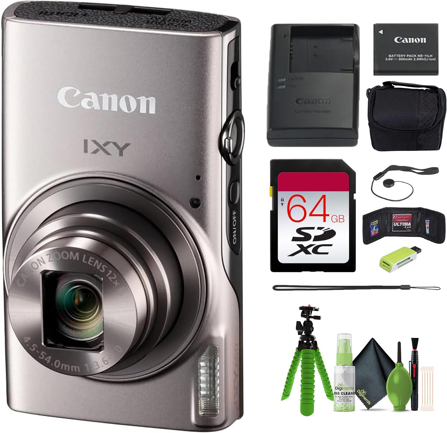 Canon PowerShot IXY 650 (ELPH 360) HS Compact Digital Camera 12x Optical Zoom IXY650 (Silver) Bundle + 64GB Memory Card + Camara Bag + Card Reader + Vlogging Tripod + Cleaning Kit and More