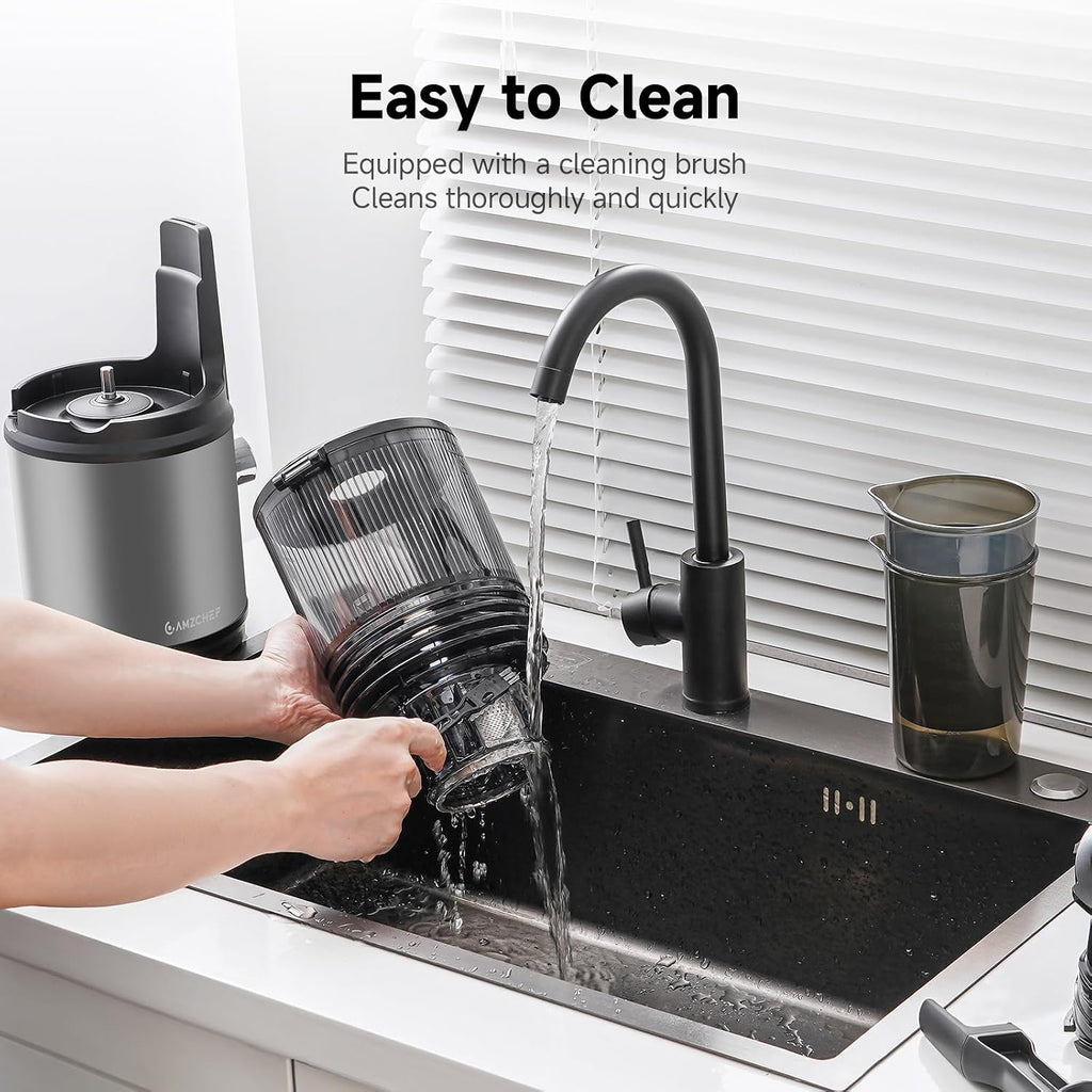 Cold Press Juicer Machine with 6' Extra-Wide Feed Chute,Triple Stainless Steel Filter,Quiet DC Motor,Easy to Clean,Slow Masticating Juicer High Juice Yield,Grey