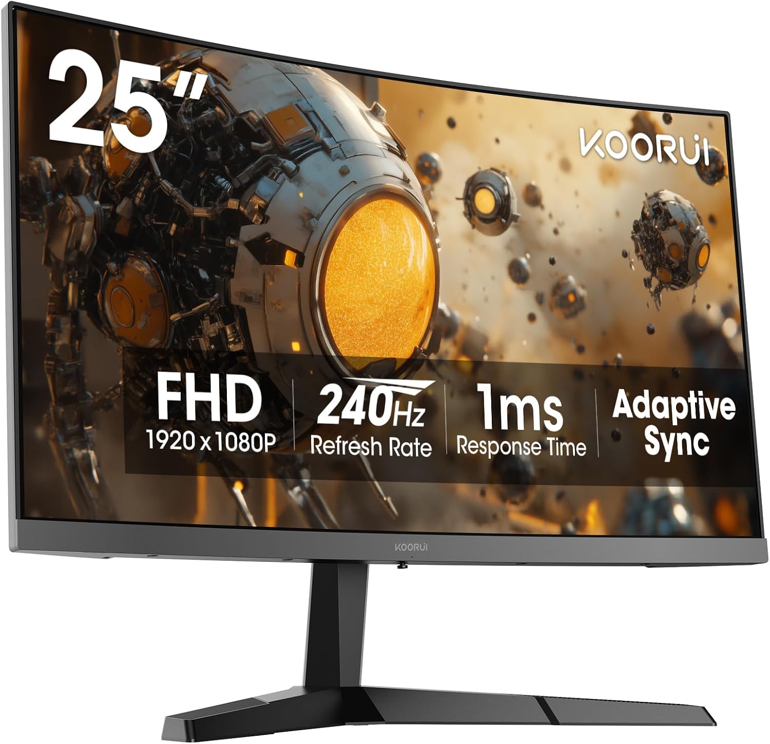 KOORUI 25 Inch Curved Gaming Monitor 240Hz FHD 1080P Computer Monitor, 1500R 1ms MPRT Display, Adaptive Sync, 90% DCI-P3,HDR, Eye Care, Tilt Adjustable, VESA 75x75mm, Black,G2511XC