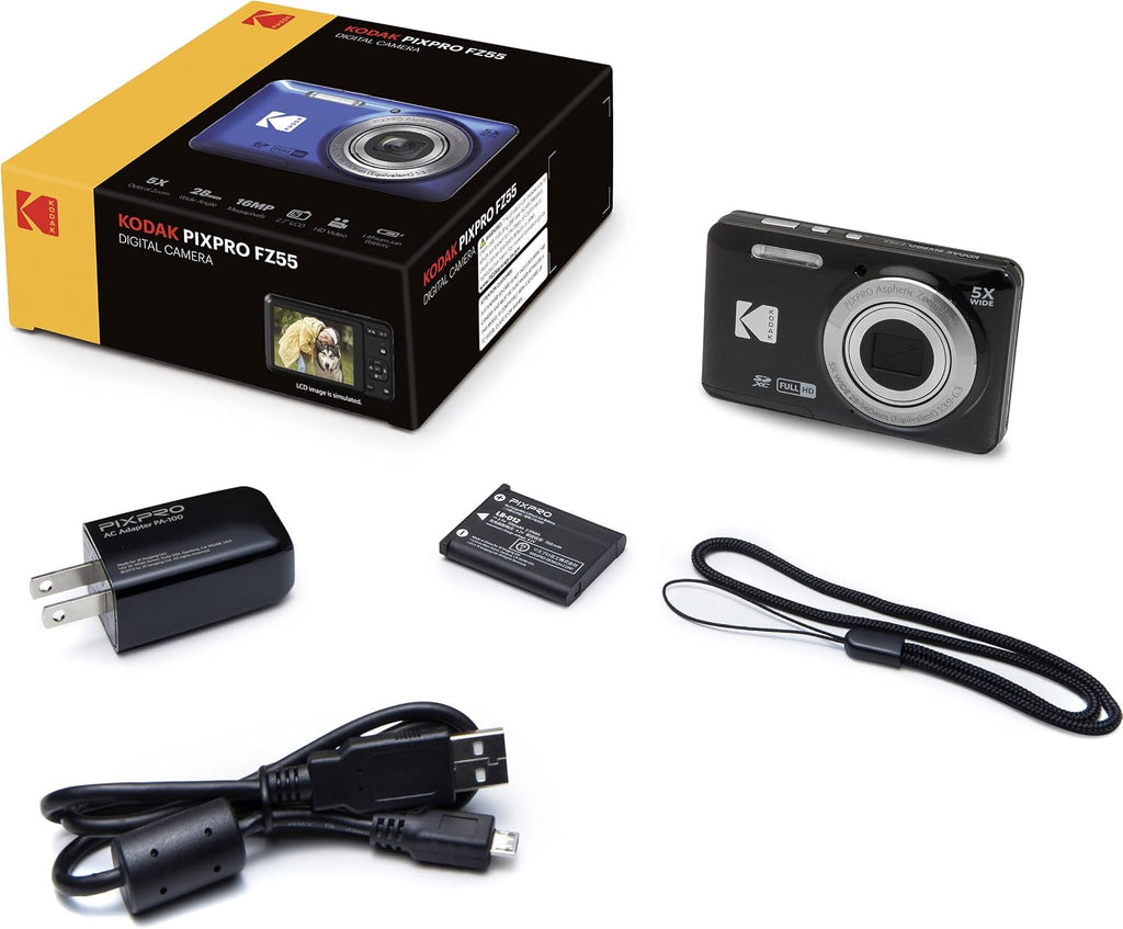 Kodak PIXPRO FZ55 Black 16MP Digital Camera 5X Optical Zoom 28mm Wide Angle 1080P Full HD Video 2.7' LCD Camera + 64GB Card and Reader + Case + Memory Wallet + Tripod + Cleaning Bundle