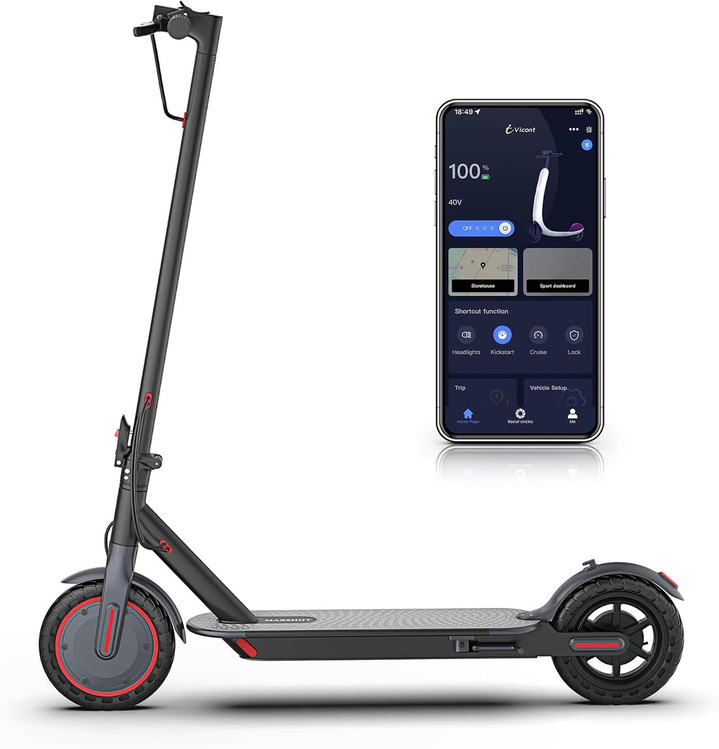 Maxshot Electric Scooter, 8.5' /10' /14' Tire, 16/19/22 Mph Top Speed, 12/16/21/27/28/49/50 Miles Long Range, Folding Escooter for Adults and Kids with Seat Bag, Dual Braking, Dual Suspension, App