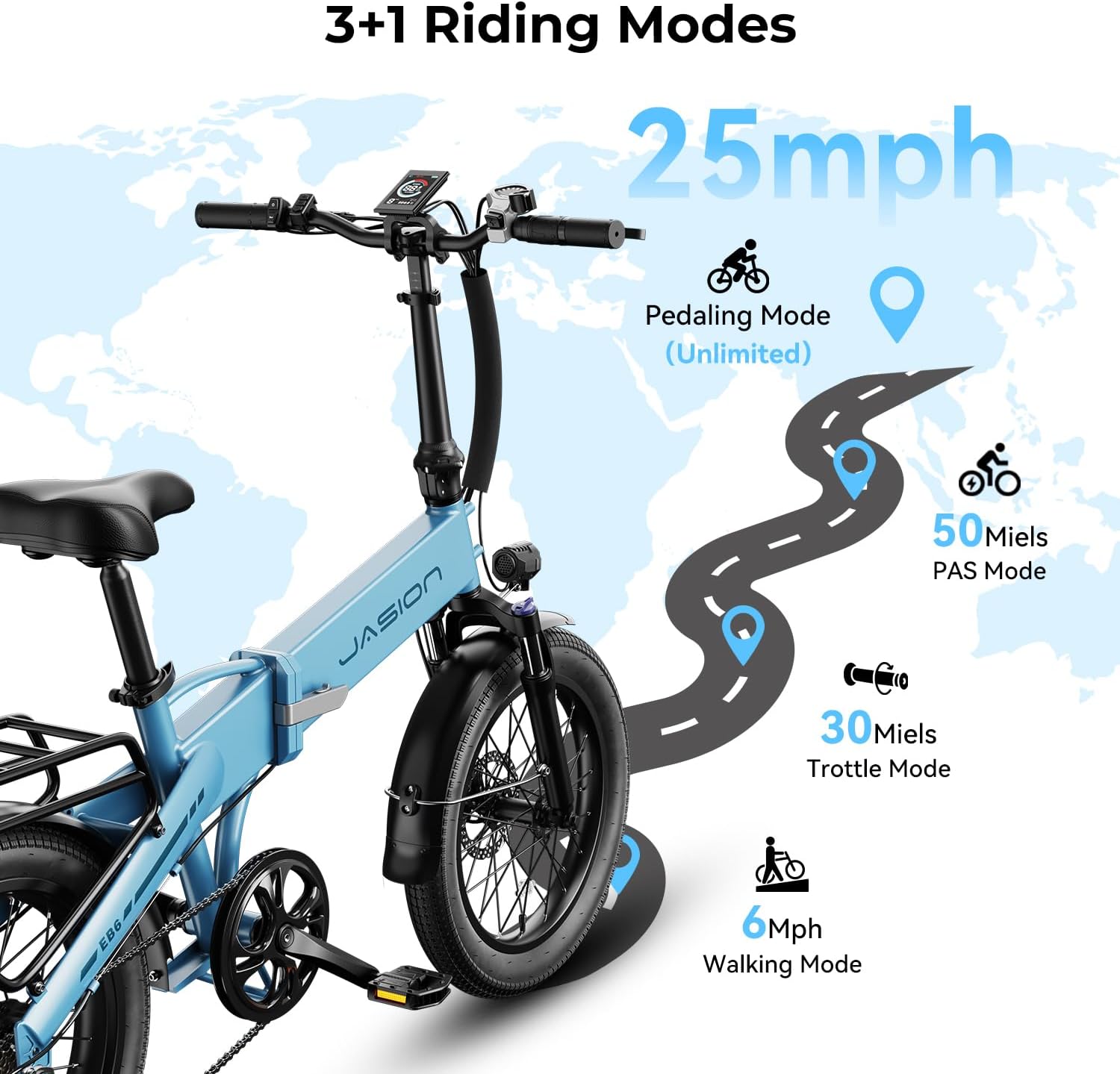 Jasion EB6 Foldable Electric Bike for Adults,【1200W Peak Motor, 25 MPH, 50 Miles Range】 20' Fat Tire Ebike with 48V Built-in Battery, Lightweight Aluminum Frame E Bike for Commuting, Off-Road, Travel