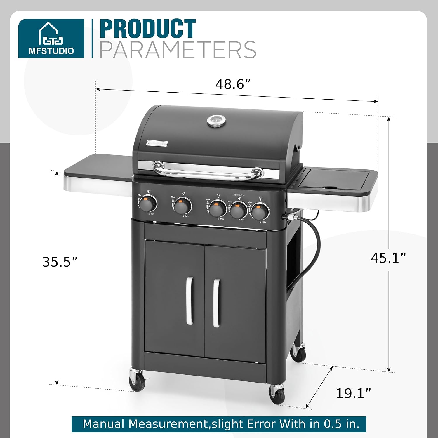 MFSTUDIO 4 Burners Propane Gas Grill and Griddle Combo with Side Burner, 2 in 1 Griddle Grill and Porcelain-Enameled Cast Iron Grates, 46,700 BTU Outdoor Cooking Barbecue Grill, Black