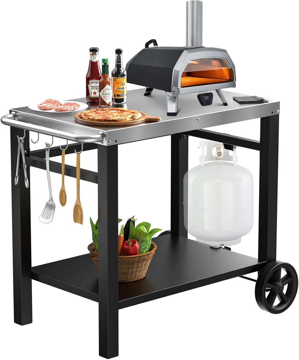 Double-Shelves Stainless Steel Flattop Grill Cart, Movable Kitchen Indoor & Outdoor Cooking Station, Fits Ninja/Ooni/Blackstone/Weber Q, Pizza Oven Food Prep Table for Party, 33.5'×21'