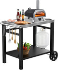 Double-Shelves Stainless Steel Flattop Grill Cart, Movable Kitchen Indoor & Outdoor Cooking Station, Fits Ninja/Ooni/Blackstone/Weber Q, Pizza Oven Food Prep Table for Party, 33.5'×21'