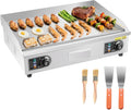VEVOR Commercial Electric Griddle, 25.79 x 15.75 inch, 2800W, 122-570°F Adjustable Temp Control, Stainless Steel Body, Full Flat, with 2 Spatulas, 2 Brushes, and 4 Foot Pads, for Steak(NO PLUG)