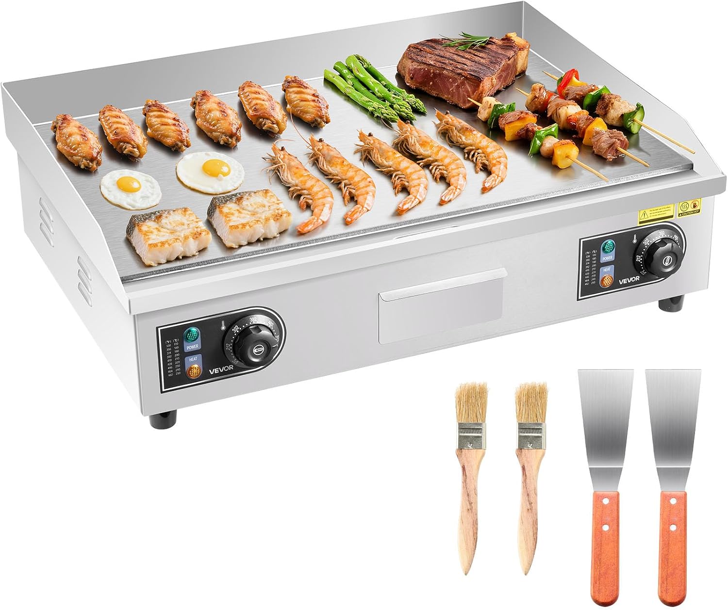 VEVOR Commercial Electric Griddle, 25.79 x 15.75 inch, 2800W, 122-570°F Adjustable Temp Control, Stainless Steel Body, Full Flat, with 2 Spatulas, 2 Brushes, and 4 Foot Pads, for Steak(NO PLUG)