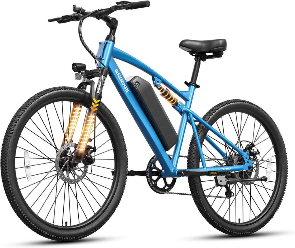 QRONGE Electric Bike for Adults, Full Suspension Ebike, 1000W Peak Motor 486Wh Battery, 28MPH(PAS Mode) Mountain Electric Bicycles, 7 Speed, 26'' Tire, Up to 70 Miles, Zephyr