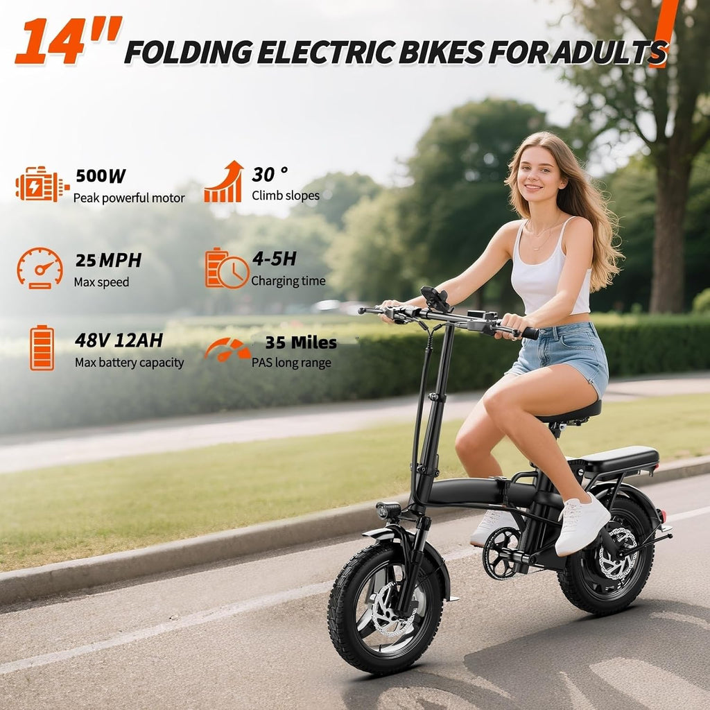 Folding Electric Bike for Adults & Commuters | 500W Motor 25MPh | 48V 12Ah Battery 35-Mile Range | 30° Hill Climb | 3-Level Pedal Assist | 14' Wheels Dual Disc Brakes | Ul 2849 Certified