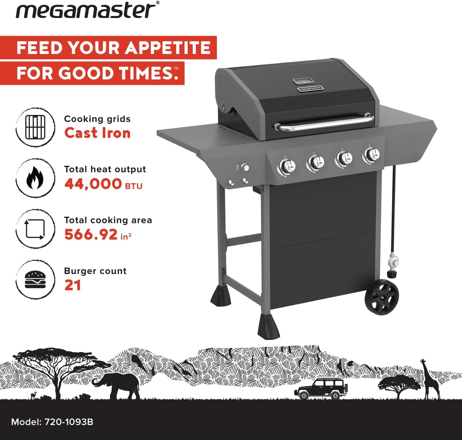 Megamaster 4-Burner Propane Gas Grill with Side Tables, 44,000BTUs, 566.92 SQ. In. Cooking Space, 2 Wheel Transport, Outdoor Kitchen Grill for BBQs, Backyards, Tailgating, and More - 720-1093B