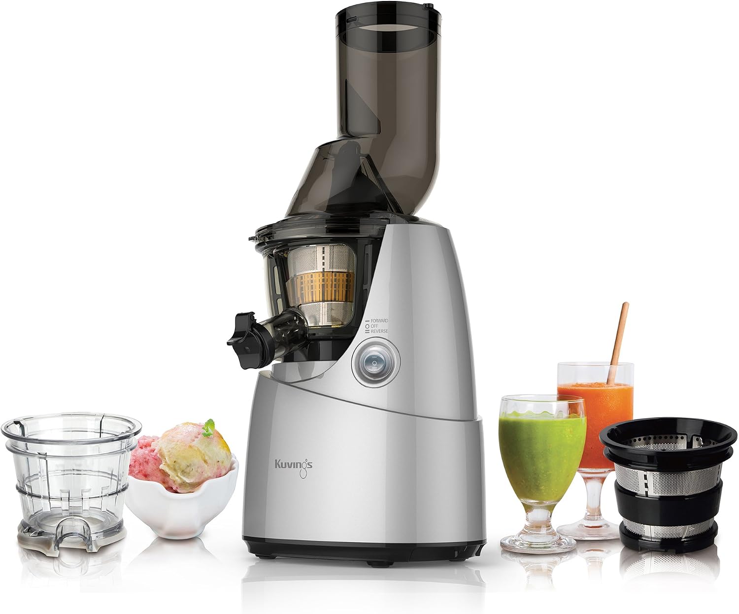 Kuvings Whole Slow Juicer with BPA-Free Components B6000SR Silver- Extra Wide Feed Chute- Reducing prep time by 40%-10 Year Limited Warranty- includes Sorbet and Smoothie Strainer