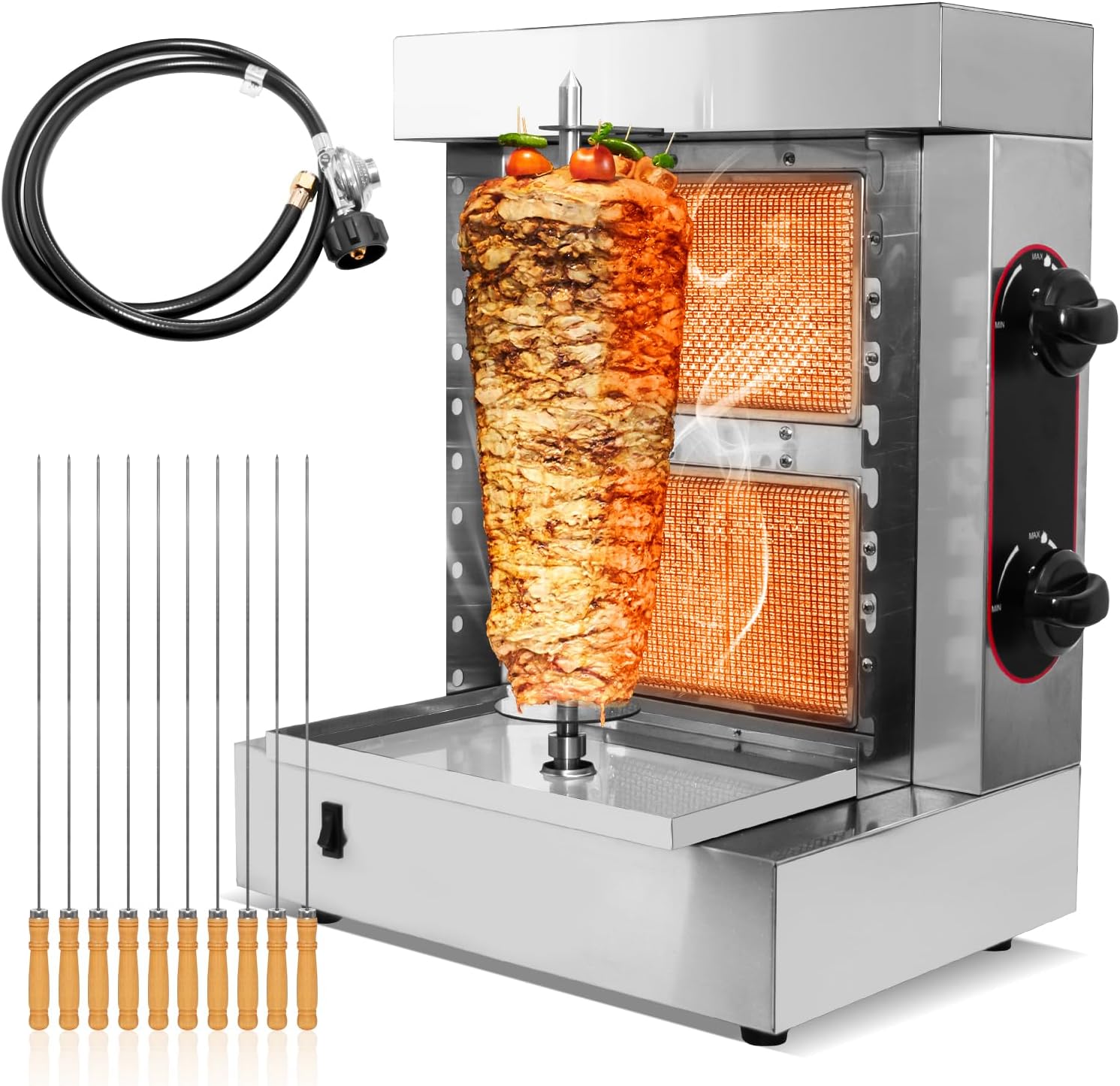 Innovative 2-Burner Shawarma Grill Machine - Professional Rotisserie for Kebabs, Gyros, & Tacos Al Pastor - Includes 10 Premium Stainless Steel Skewers