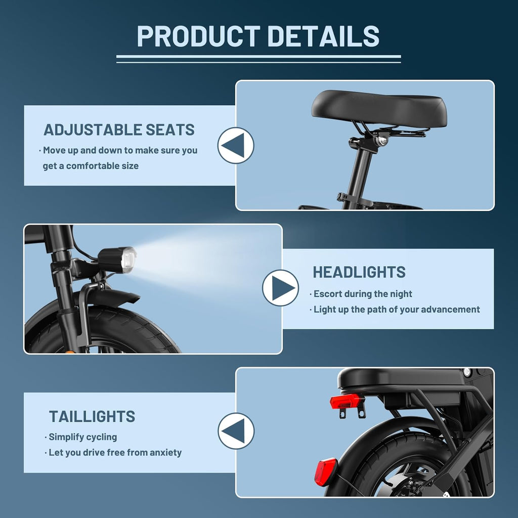 Foldable Electric Bike for Adults and Teens, 750W/1000W Peak Motor Ebike with 48V 10AH Removable Battery, 30-60 Miles PAS Range, 14' Mini E-Bike for Daily Commuting, Electric Bicycle for Riders