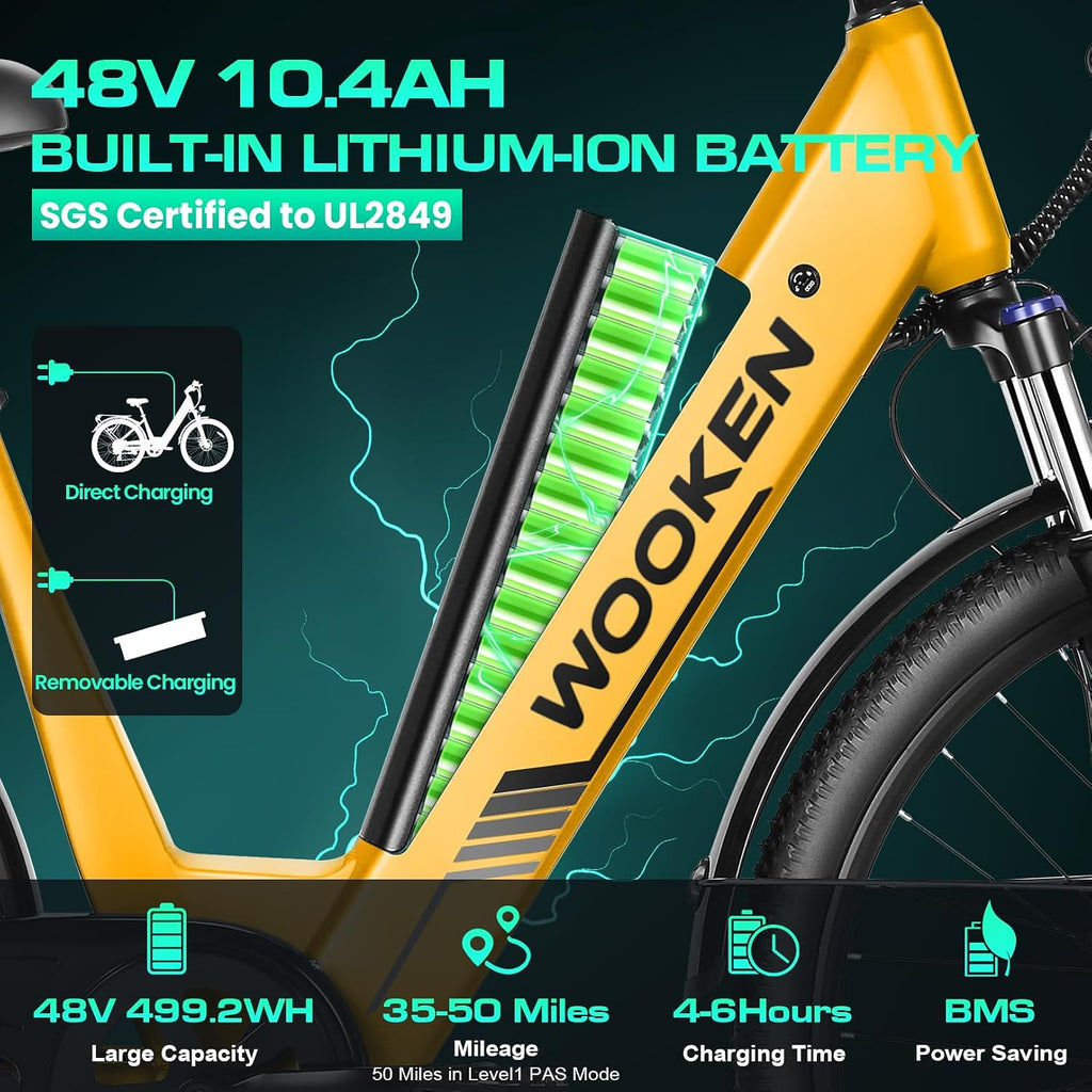 Wooken Electric Bike for Adults, 1000W Peak Ebike, 26' x 2.1' Tire Step Through Electric Bike, City Cruiser Ebike with 48V 10.4/15Ah Removable Battery, 7 Speed, SGS Certified to UL2849