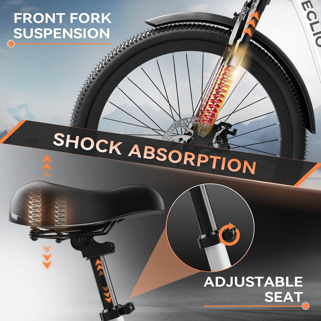 Electric Bike for Adults, Peak 700W Motor 20MPH, 374.4Ah Removable Battery 50Miles Ebike, 24'' Step Thru City Cruiser E Bike,7-Speed,Full Suspension,Front Basket, Full Suspension,UL 2849 Standard