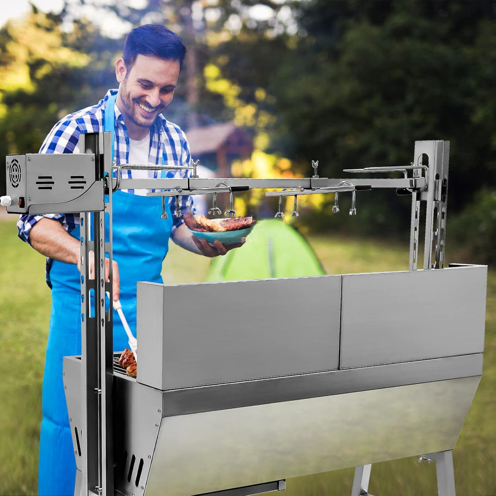 Rotisserie Grill With Windscreen, BBQ Whole Pig Lamb Goat Charcoal Spit Grill, 37 Inch 132Lbs Capacity, Electric 25W Motor Stainless Steel Roaster With Lockable Wheels, For Camping Outdoor