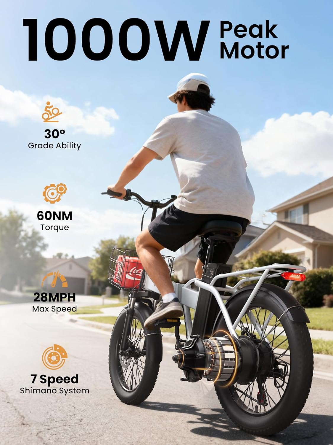 QRONGE Folding Electric Bike, E-Bike Foldable 1000W Peak, 48V 13.5AH Removable Battery Ebike, 20' Fat Tire, 70 Max Miles Range, 28maxMPH, Electric Bike for Adults, Adult Electric Bicycles for Commute