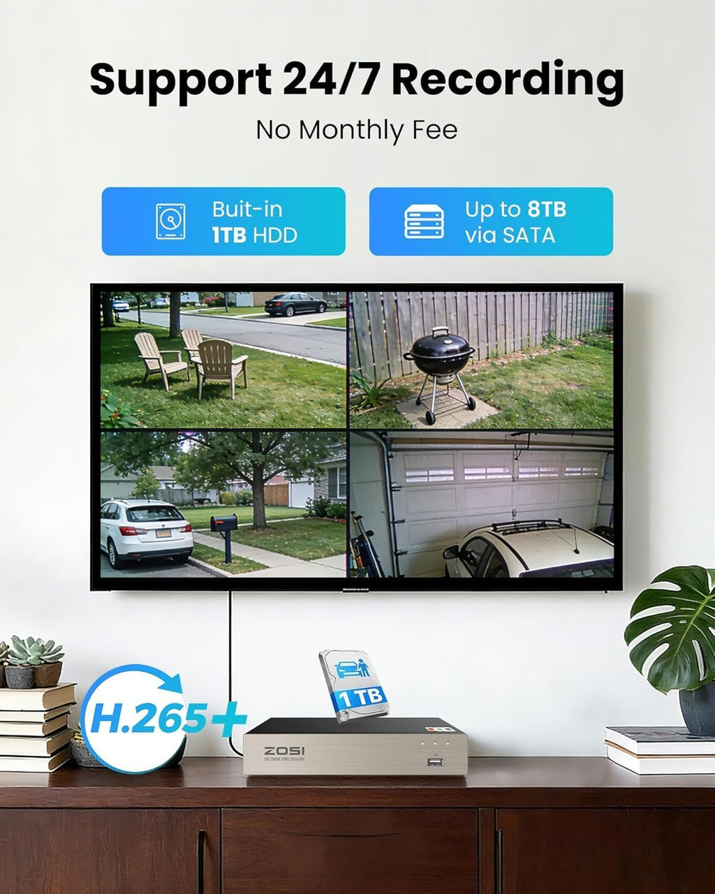 ZOSI 8CH 3K Lite Home Security Camera System, AI Human/Vehicle Detection, 120ft Night Vision, 4pcs 1080P Metal Weatherproof Cameras with Audio, H.265+ 8Channel DVR with 1TB HDD for 24/7 Recording