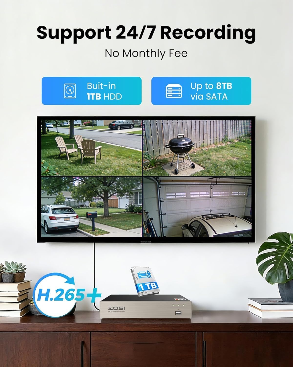 ZOSI 8CH 3K Lite Home Security Camera System, AI Human/Vehicle Detection, 120ft Night Vision, 4pcs 1080P Metal Weatherproof Cameras with Audio, H.265+ 8Channel DVR with 1TB HDD for 24/7 Recording