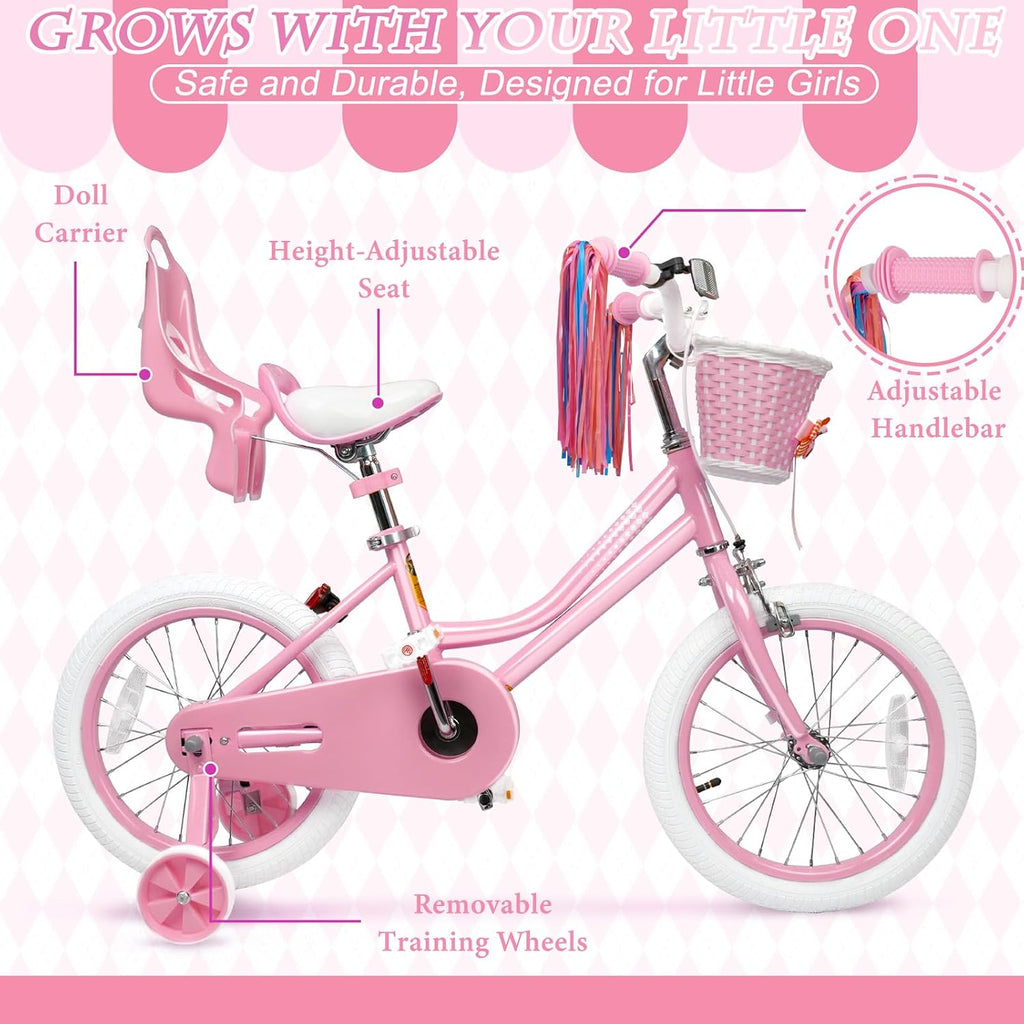 Glaf Toddler Girls Bike 12 14 16 20 Inch Girls Bike with Training Wheels Age 2-12 Years Old Bicycle Kids Bike with Basket and Doll Seat Adjustable Seat