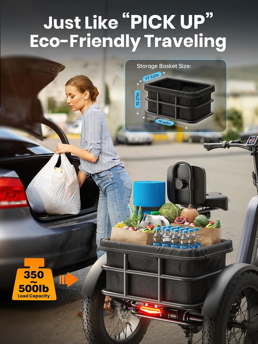 Electric Trike for Adult with 960W Peak Motor, 48V 17.4AH Cells Battery, Pickup Class 500 LB Load Electric Tricycle with 20' Fat Tire and Large Basket, 60 Miles Range, for City and Mountain Road