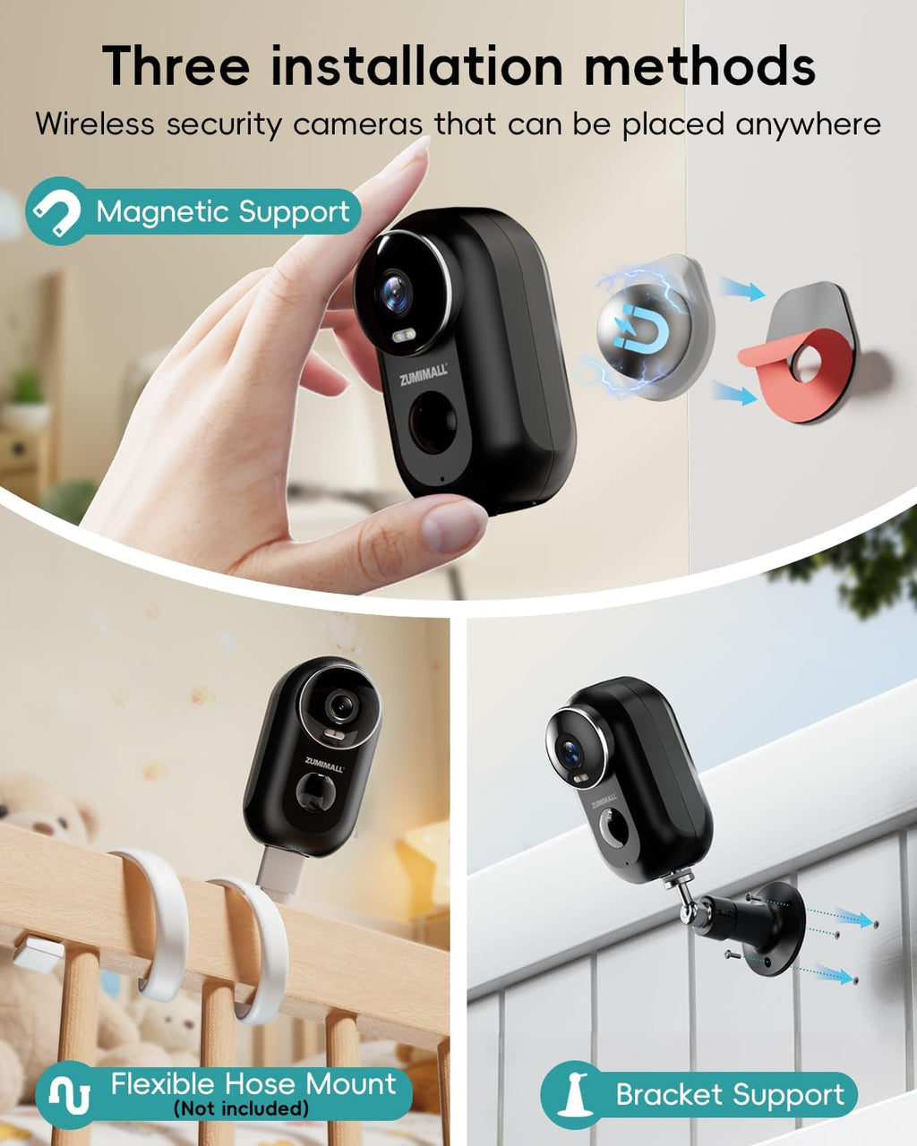 ZUMIMALL Security Cameras Wireless Outdoor, 4 Packs, 2K Cameras for Home Security, Outdoor/Indoor Camera Battery Powered, 2.4G WiFi, Magnetic Mount,3MP Color Night Vision/Siren/PIR/AI/Cloud/Alexa