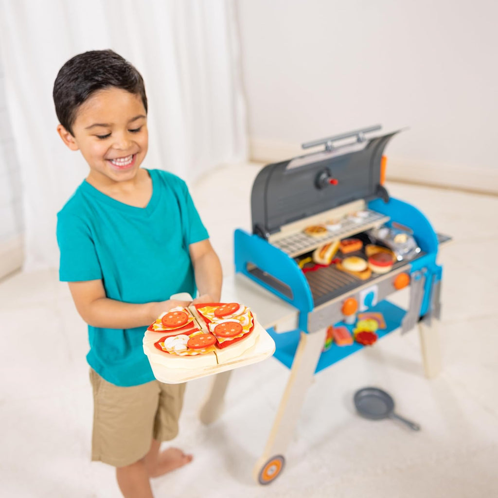 Melissa & Doug Deluxe Wooden Barbecue Grill, Smoker & Pizza Oven, Toy Food & Kids Play Kitchen Accessories, Preschool Learning Toys for Girls & Boys 3+ - FSC Certified