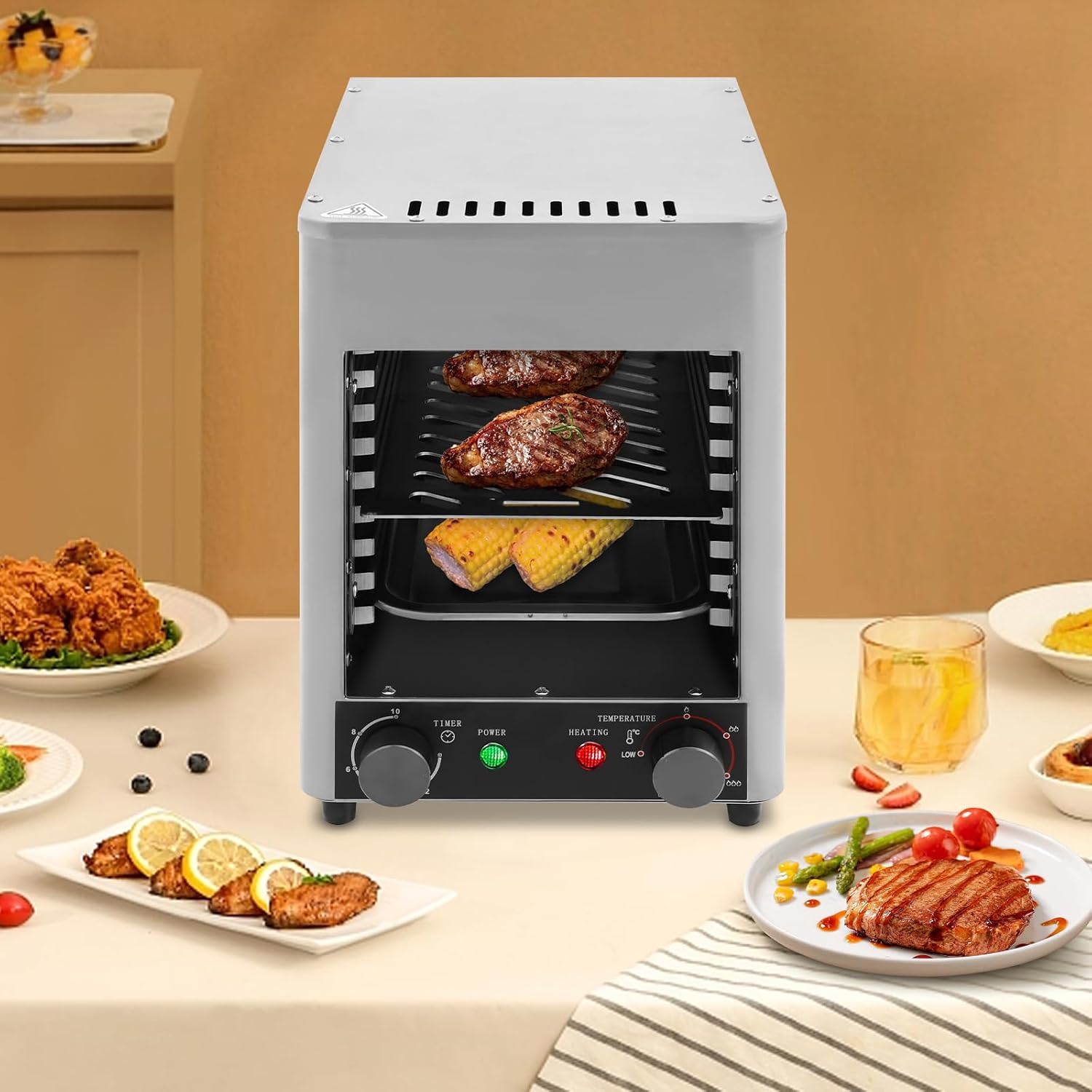Electric Steak Broiler Steakhouse Grill 30-1500°F Portable Electric Broiler Stainless Steel Steak Cooker Tabletop Steak Grill for BBQ Burgers Fish Meat Seafood Veggies,1700W (Silver)