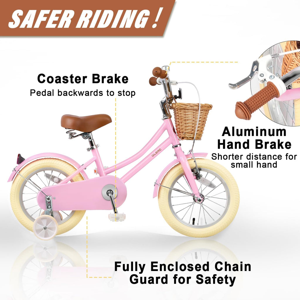 Glerc Little Molly 12-20 Inch Kids Retro Cruiser Bike for 2-13 Year Old with Wicker Basket & Training Wheels/Kickstand, Multiple Colors