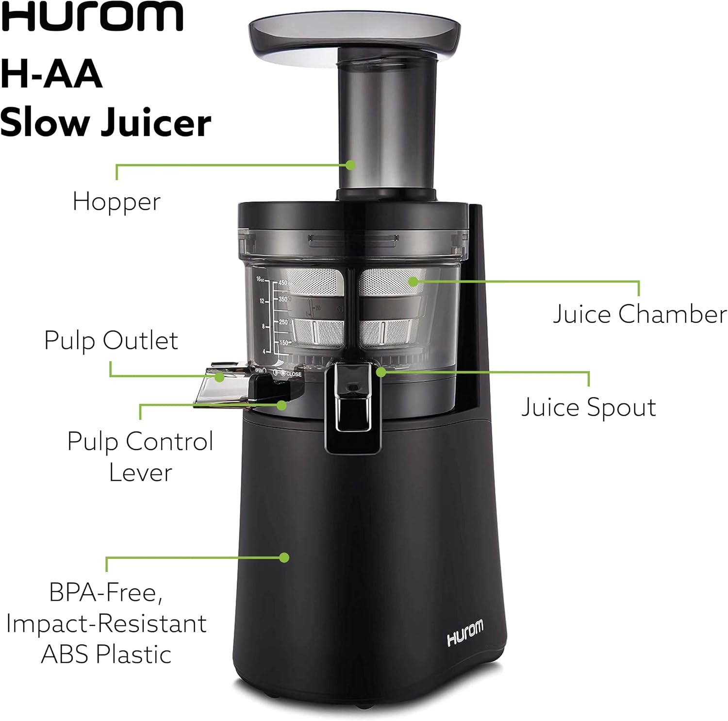 Hurom H-AA Cold Press Juicer Machine, Easy to Clean Masticating Slow Juicer, Coarse Strainer, Adjustable Lever, Minimal Juice Pulp, High Nutrient Extraction (Black)