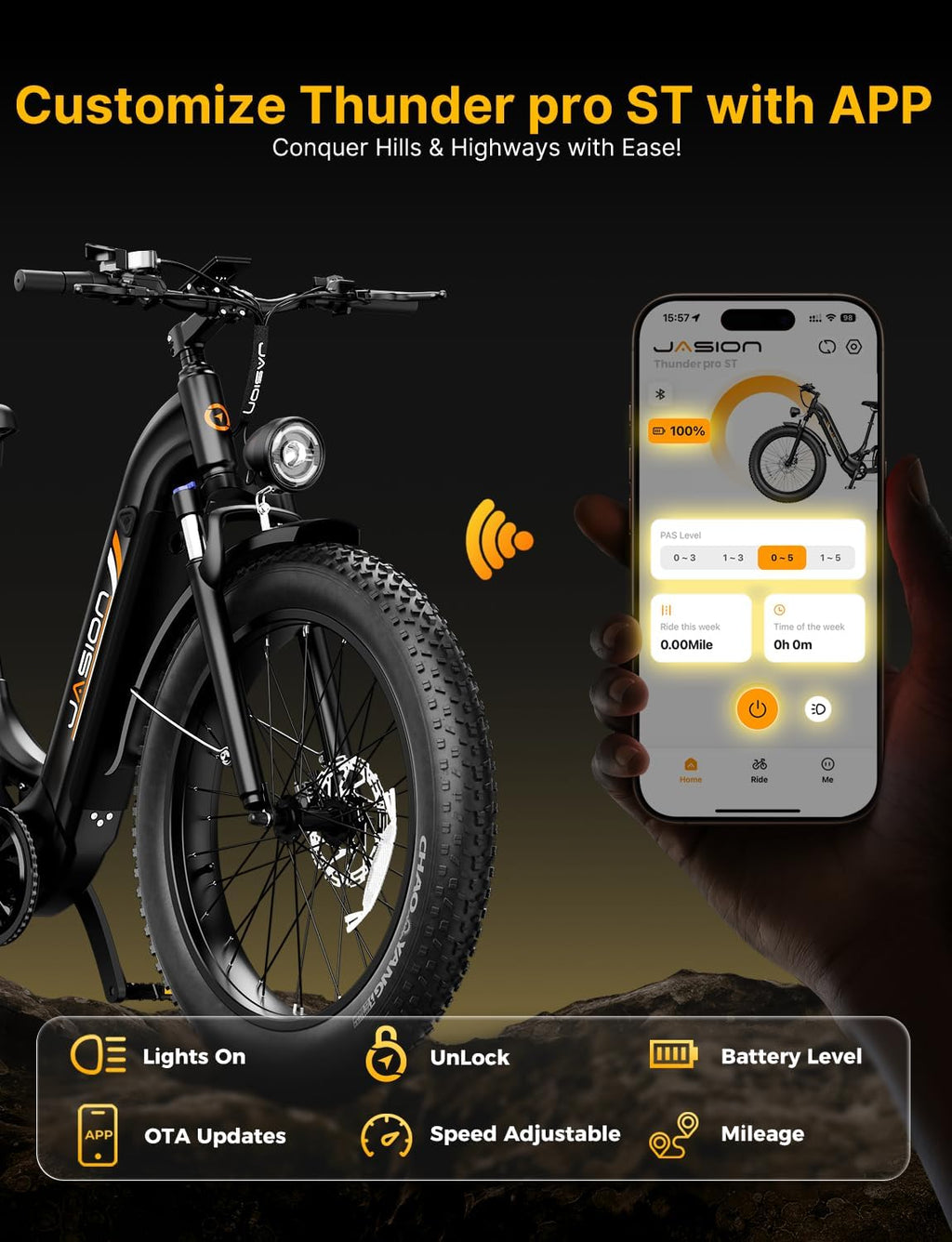 Jasion Thunder/PRO/ST Electric Bike,2000W/1800W Peak Ebikes for Adults,26''Fat Tire Best Ebike for Men,90/80 Miles with 1040Wh/864Wh Battery,35/30+MPH Max Speed Bicycles,500/400LB Capacity