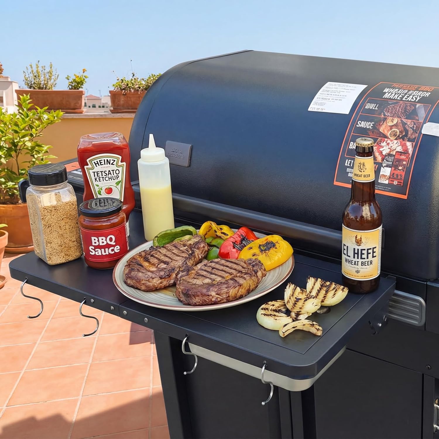 Utheer Upgraded Folding Front Shelf for Traeger Woodridge Pro, Woodridge Pro Plus, Woodridge Elite & Ironwood/Ironwood XL Pellet Grill, 28' BBQ Prep Table with Cutting Board, Basin & 4 Hooks